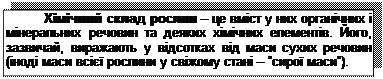 Подпись: Хімічний склад рослин – це вміст у них органічних і мінеральних речовин та деяких хімічних елементів. Його, зазвичай, виражають у відсотках від маси сухих речовин (іноді маси всієї рослини у свіжому стані – “сирої маси”).