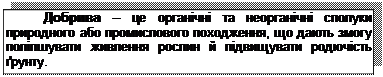 Подпись: Добрива – це органічні та неорганічні сполуки природного або промислового походження, що дають змогу поліпшувати живлення рослин й підвищувати родючість ґрунту.