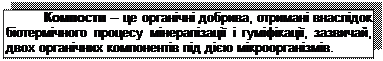 Подпись: Компости – це органічні добрива, отримані внаслідок біотермічного процесу мінералізації і гуміфікації, зазвичай, двох органічних компонентів під дією мікроорганізмів.